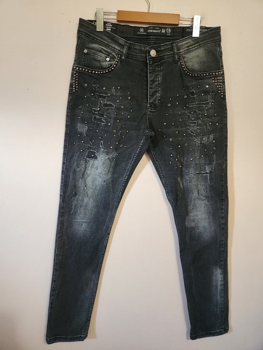 Mario Morato Buster Slim Tapered Studded Distressed Faded Black Jeans Sz 33